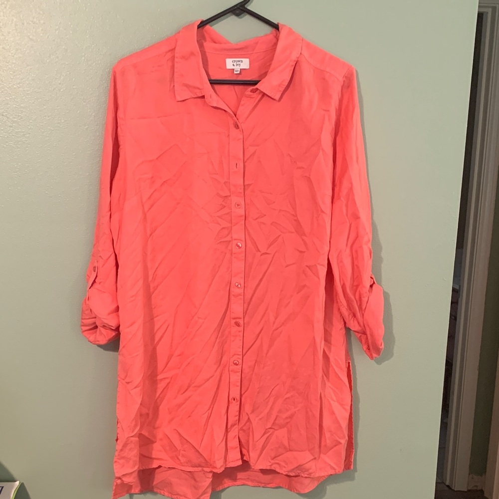 crown & ivy Coral Button-Down Tunic Shirt